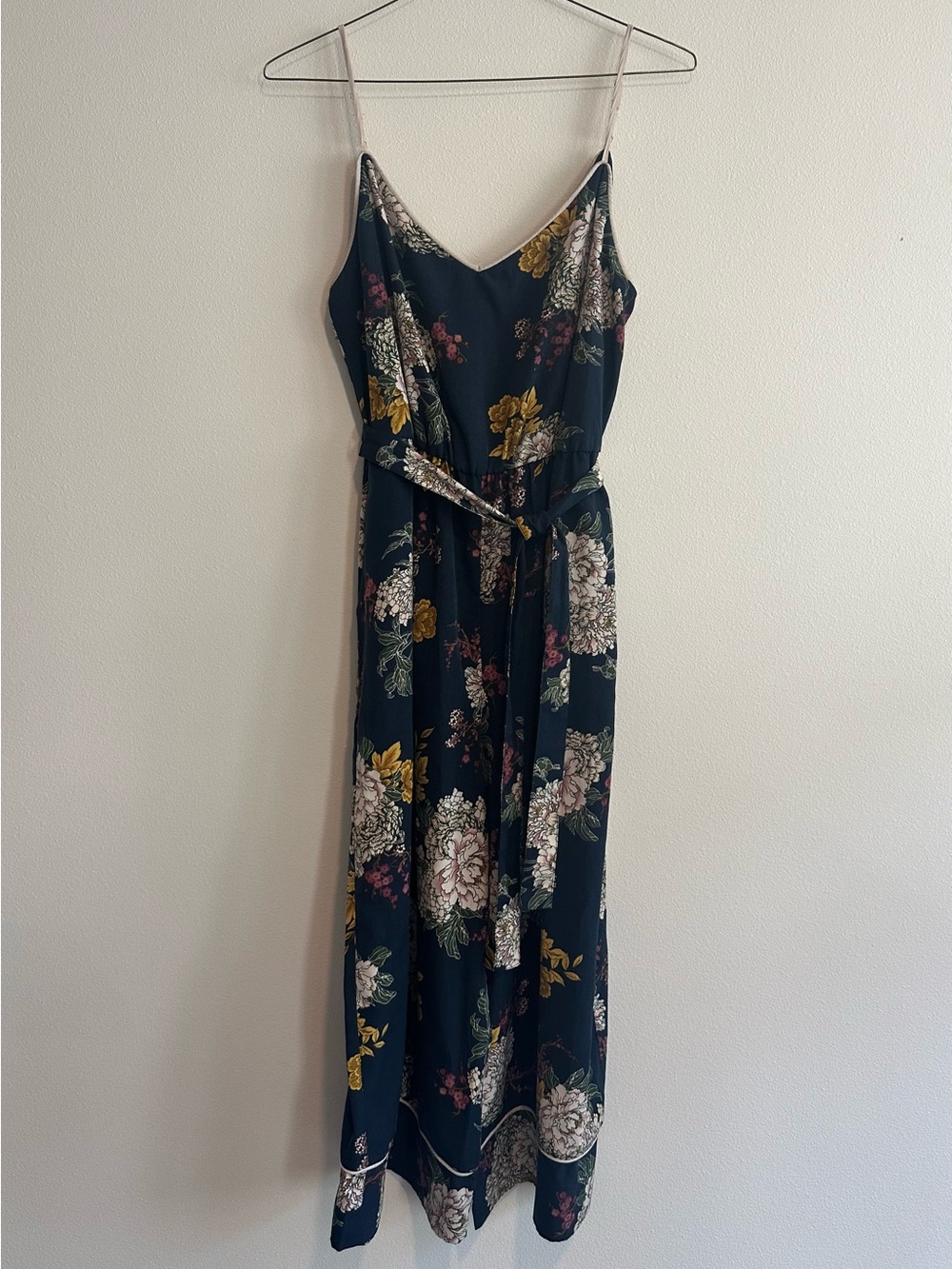 Leith Navy Floral Adjustable Spaghetti-Strap Jumpsuit With Pockets - SIZE M